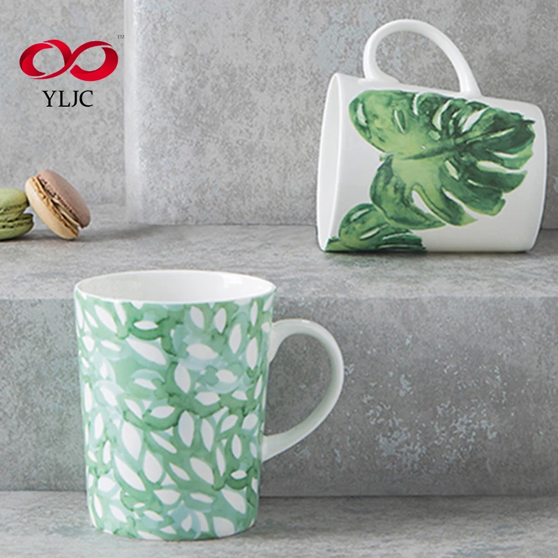 Wholesale customized logo ceramic tea coffee water green print mugs for promotion hotel restaurant home party using