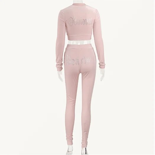 Custom rhinestone hoodies sets velvet tracksuit jogger sweat suits sweatsuit velour lady crop top short 2 piece set for women