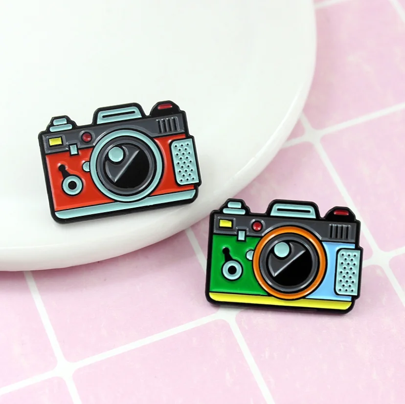 Custom retro photo camera enamel pin manufacture multi color design