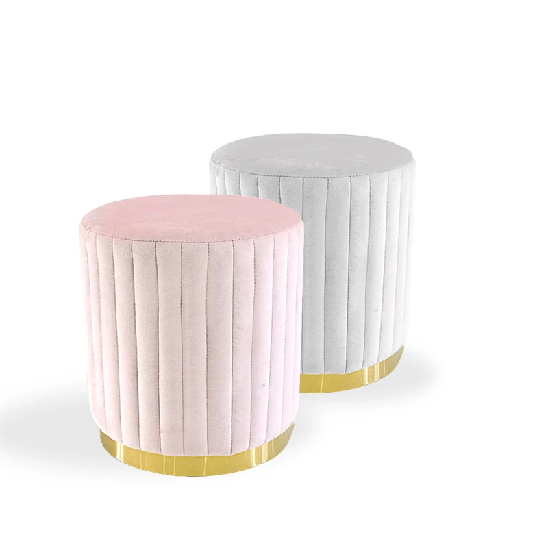 Living Room Bedroom Home Furniture Modern Small Gold Base Stool China Pink Velvet Round Ottoman