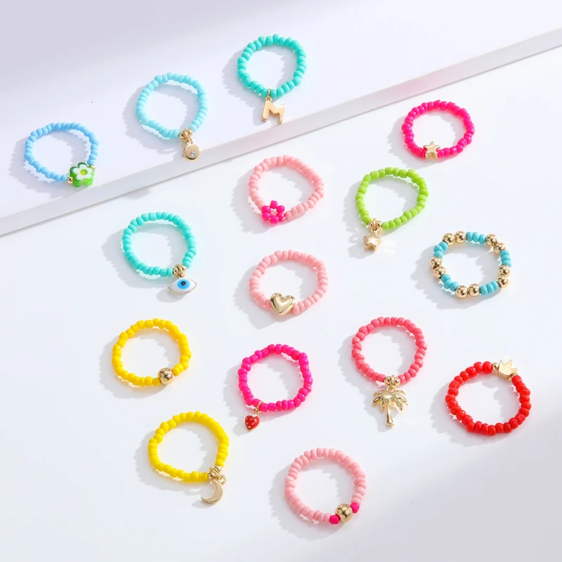 Trending Y2K Boho Fashion Ring Set Adjustable Colorful Seed Beaded Rings for Women Girl Smiley Face Rings