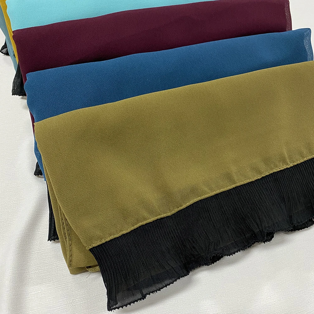 Stitched Pleated Eyelash Lace Hijab Bubble Chiffon Scarf Long Size White and Black Lace Elegant Islamic Shawls Headband Wrap