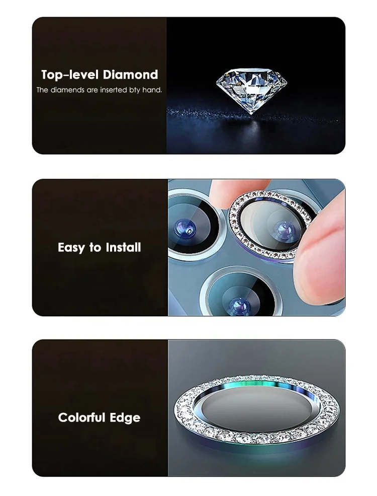 For iPhone 13 12 11 14 Pro Max Shining Diamond Camera Lens screen protector 9H Individual metal with glass Camera Lens film