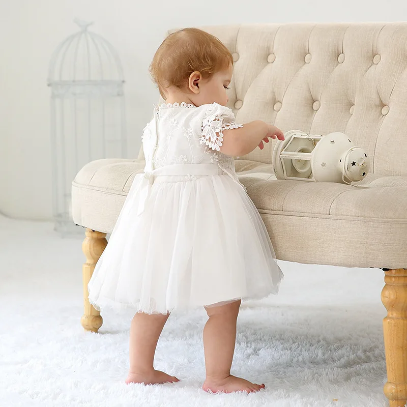 High Quality Short Sleeve Lace Baptism Christeing Baby Long White Dress