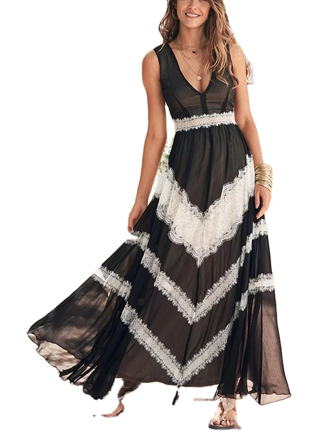 2024 Summer Sexy Casual Elegant Trendy High Quality Sleeveless Custom Long Lace Insert Women Patchwork Maxi Dress
