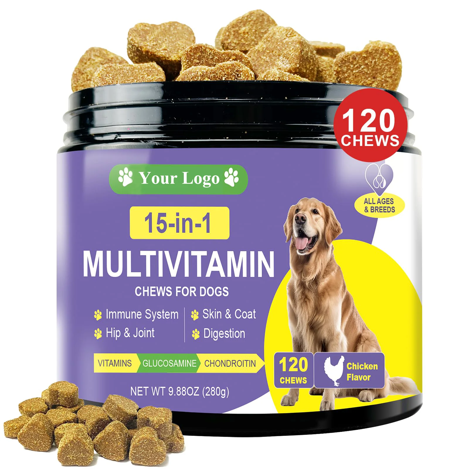 Customized 15-in-1 Multivitamin Chews for Dogs: Probiotic-Enriched Minerals, Vitamin C,Glucosamine for Optimal Canine Nutrition