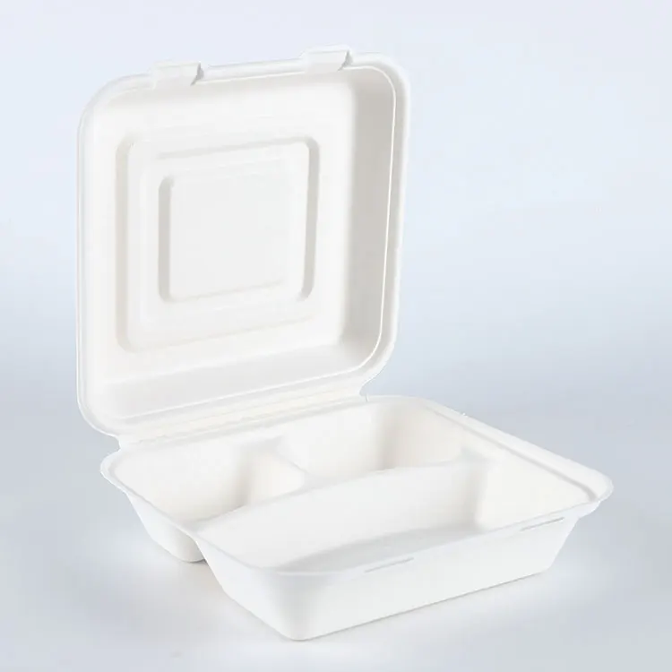 9inch 3 divided Sugarcane pulp clamshell box food bagasse container biodegradable