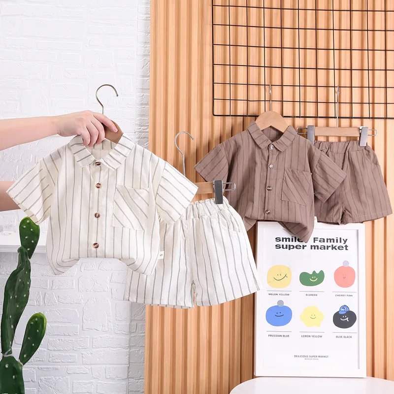 2 Piece Shorts Set Kids Custom Logo Summer Striped Shirt Children Outfit Kids Clothing Toddler Boy Clothes Boy Clothing Sets