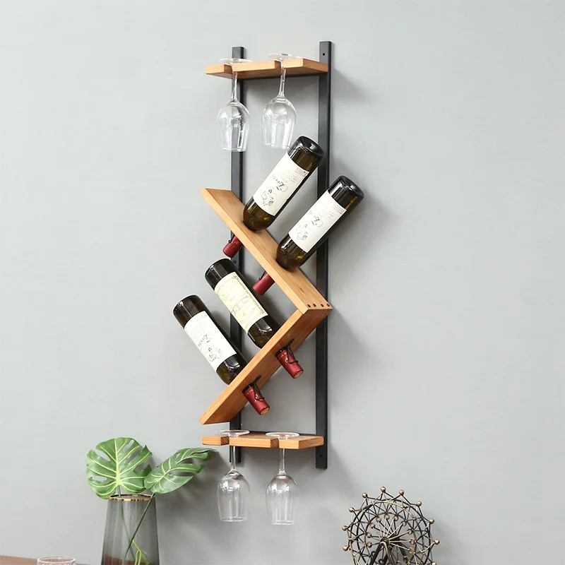 Home Decor Wooden Wall Glass Organizer Shelves Wall-mounted Wine Display Racks Metal Wine Rack