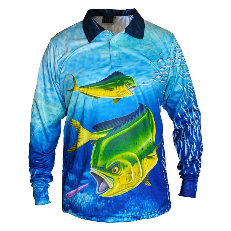 Long sleeve quick dry polyester fishing clothing waterproof Anti UV UPF 50+ custom sublimation design fishing polo shirt