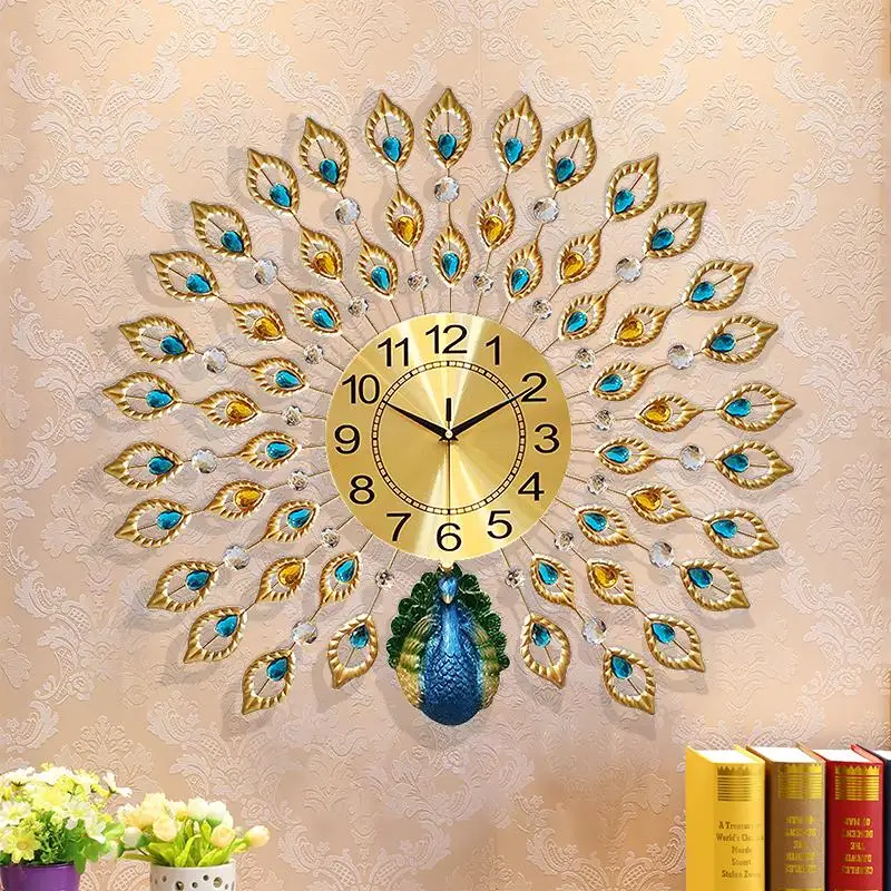 jam di  1 Hot Sale Resin Head 3D Peacock Wall Clock Metal Night Light Clock For Home Decoration 2 wanduhr
