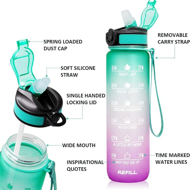 Free sample motivational drinking water bottle with time marker Tritan plastic 1L sports water bottle with straw