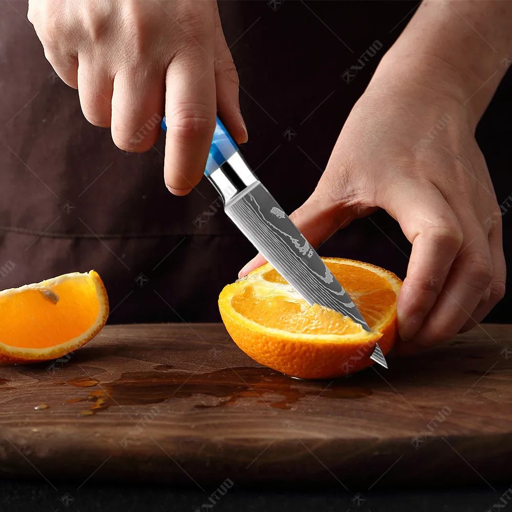 Modern Laser Engraved Damascus Steel Chef Knife Set G10 Handle Colorful Kitchen Cutlery Stainless Steel Salmon Sushi Slicing