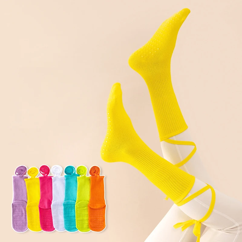 Female Pilates Non-Slip Candy Solid color Crew Workout Gym Barre Ballet Dance Anti-Slip Crossed straps tie bows Yoga Socks