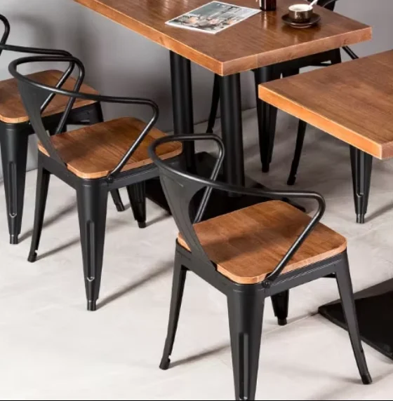 Promotion Classical Commercial Furniture Wood Top with Metal Legs Square Kitchen Dining Wooden Restaurant Table