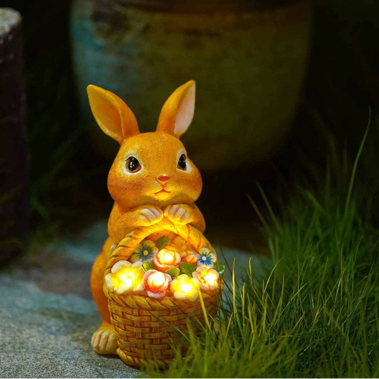Creative Rabbit Basket Resin Crafts Solar Simulation for Home & Garden Courtyard Ornament Display & Decor