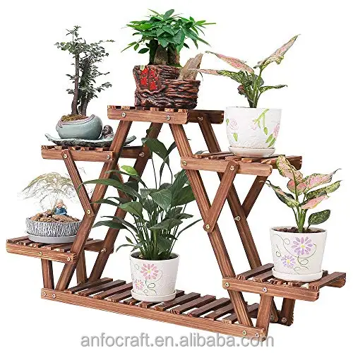 2-Tier Elegant Wood Corner Plant Shelf Rack Hand Carved Indoor Outdoor Flower Pot Planter Stand Hanger