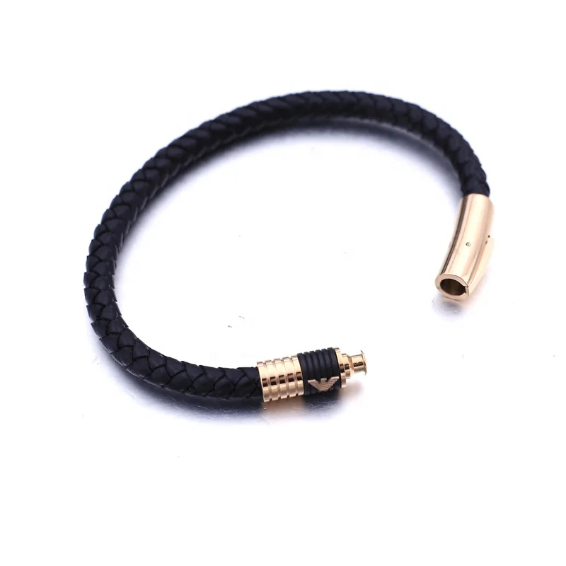 Fashion Jewelry Charm Stainless Steel Rose Gold Classical Magnetic Clasp Braided Black Genuine Leather Bracelet