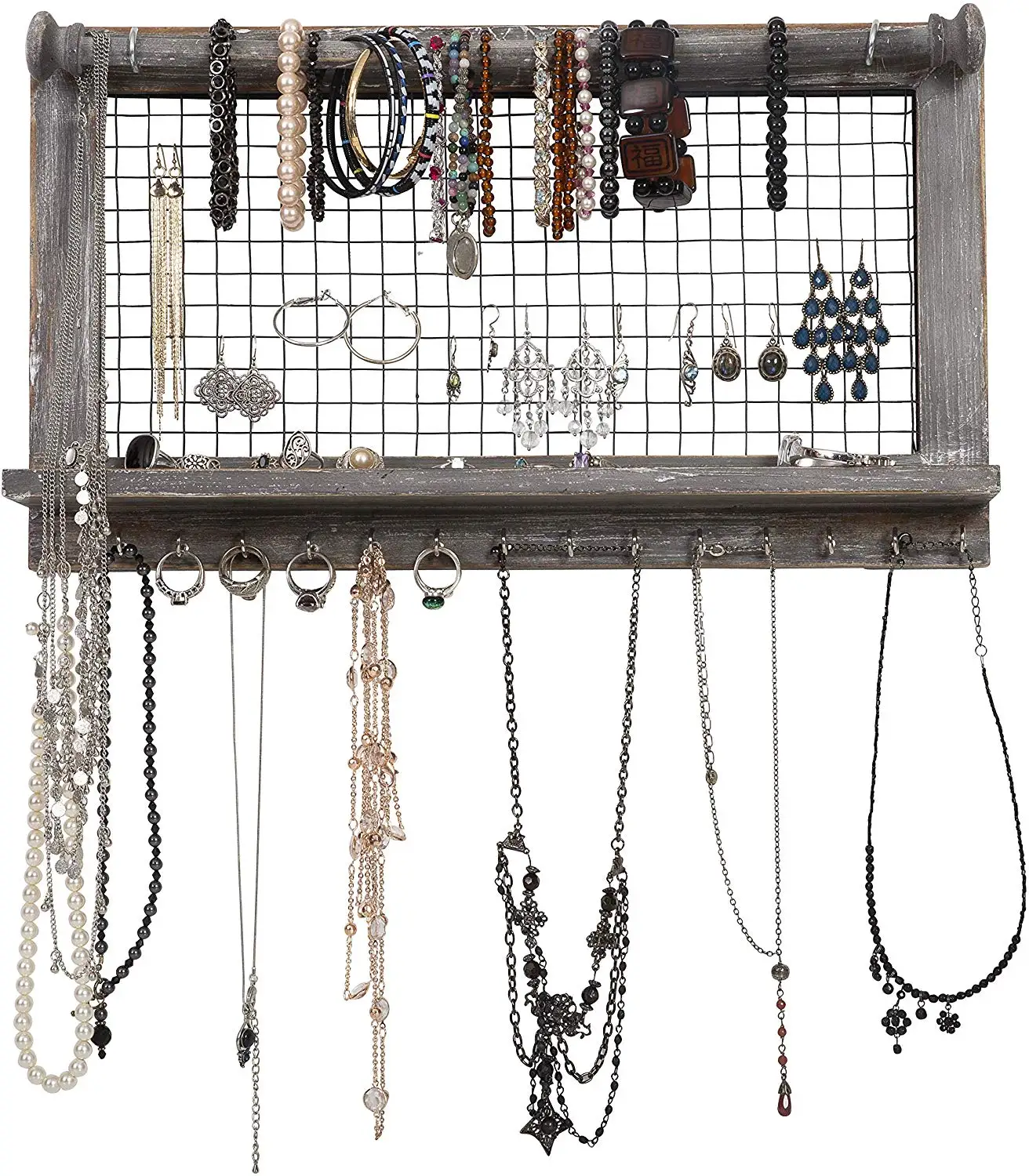 Rustic Jewelry Organizer With Bracelet Rod Wooden Wall Mount Holder For Earrings Necklaces Bracelets