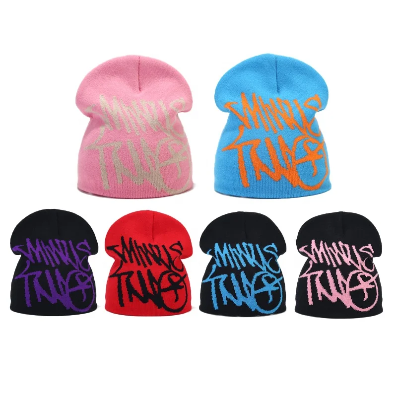 Hot sale Wholesale New Custom  Logo Printed  winter Beanies Jacquard  cuffless Knitted y2k beanie Hat  for women