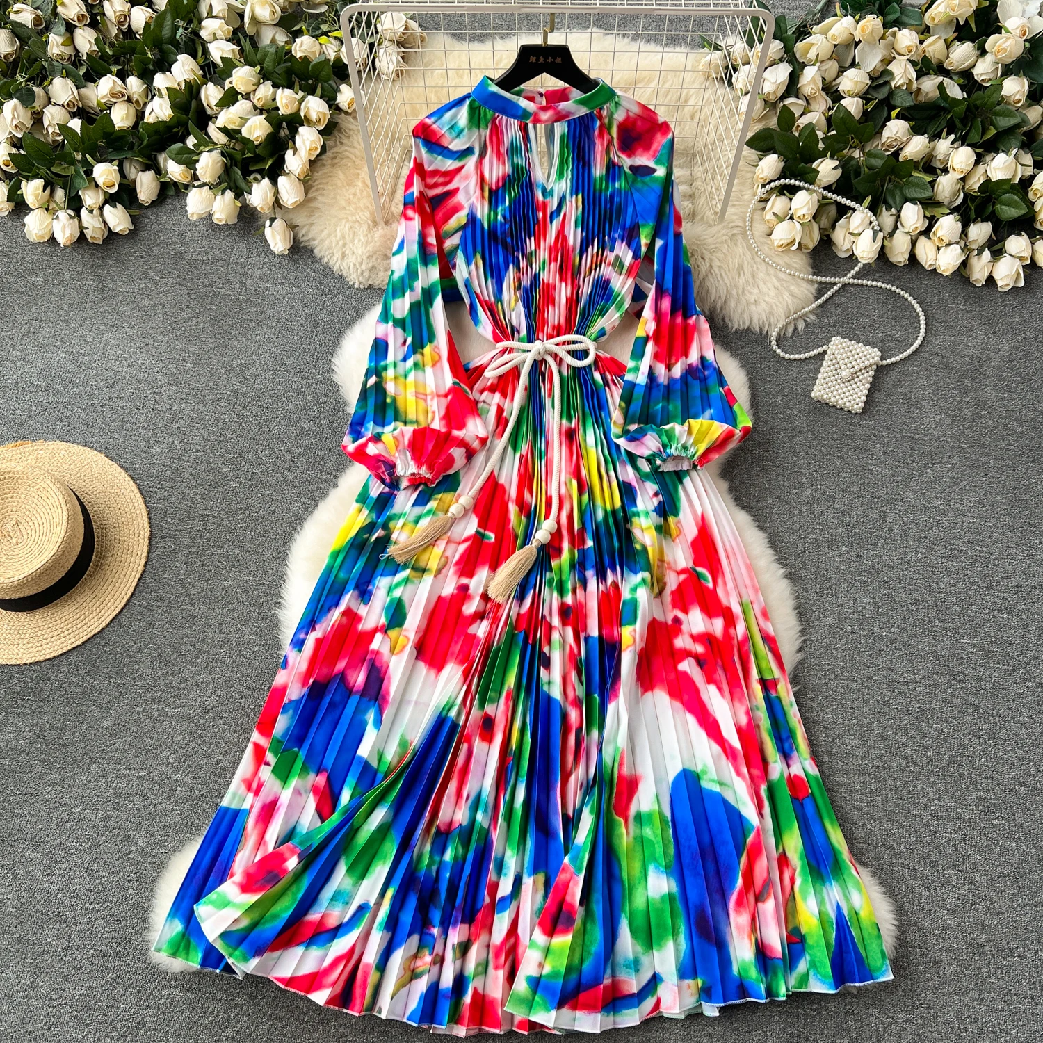 LE2522 Mature Loose Maxi Floral Print Dresses Woman Hollow Office Lady Belted Large Size Long Evening Dress Socialite Party Robe