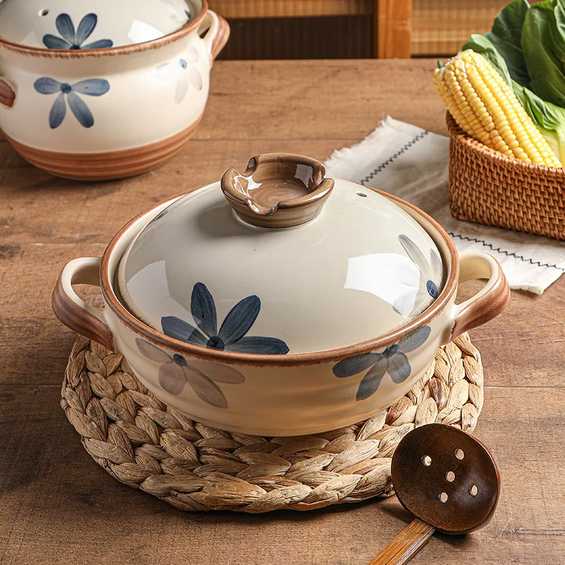 Wholesale High Quality Kitchen Clay Cooking pots Round Restaurant Cookware Tool Ceramic Casseroles Soup Pot With Lid And Handles