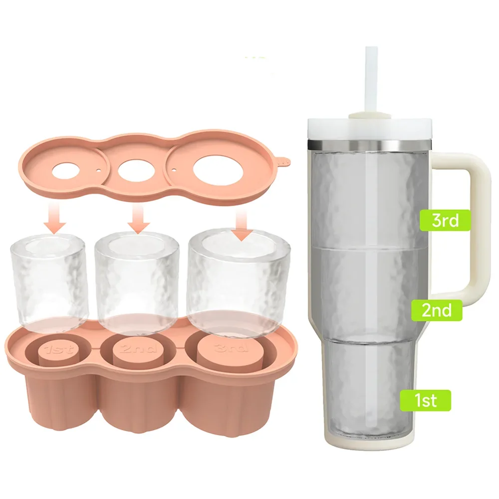 Silicone 3 Hollow Cylinder Ice Mold with Lid for Freezer, Ice Cube Tray Compatible with Tumbler 20/30/40 oz Drink Juice Whiskey