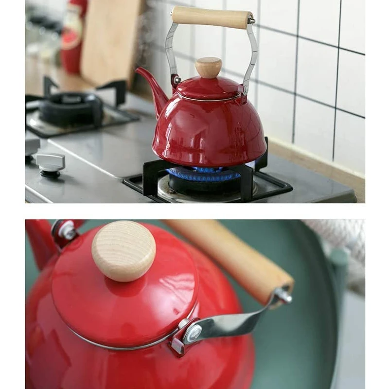 Ярко-красный эмалированный чайный чайник со свистком и деревянной ручкой чугунный кухонный декор для кофе