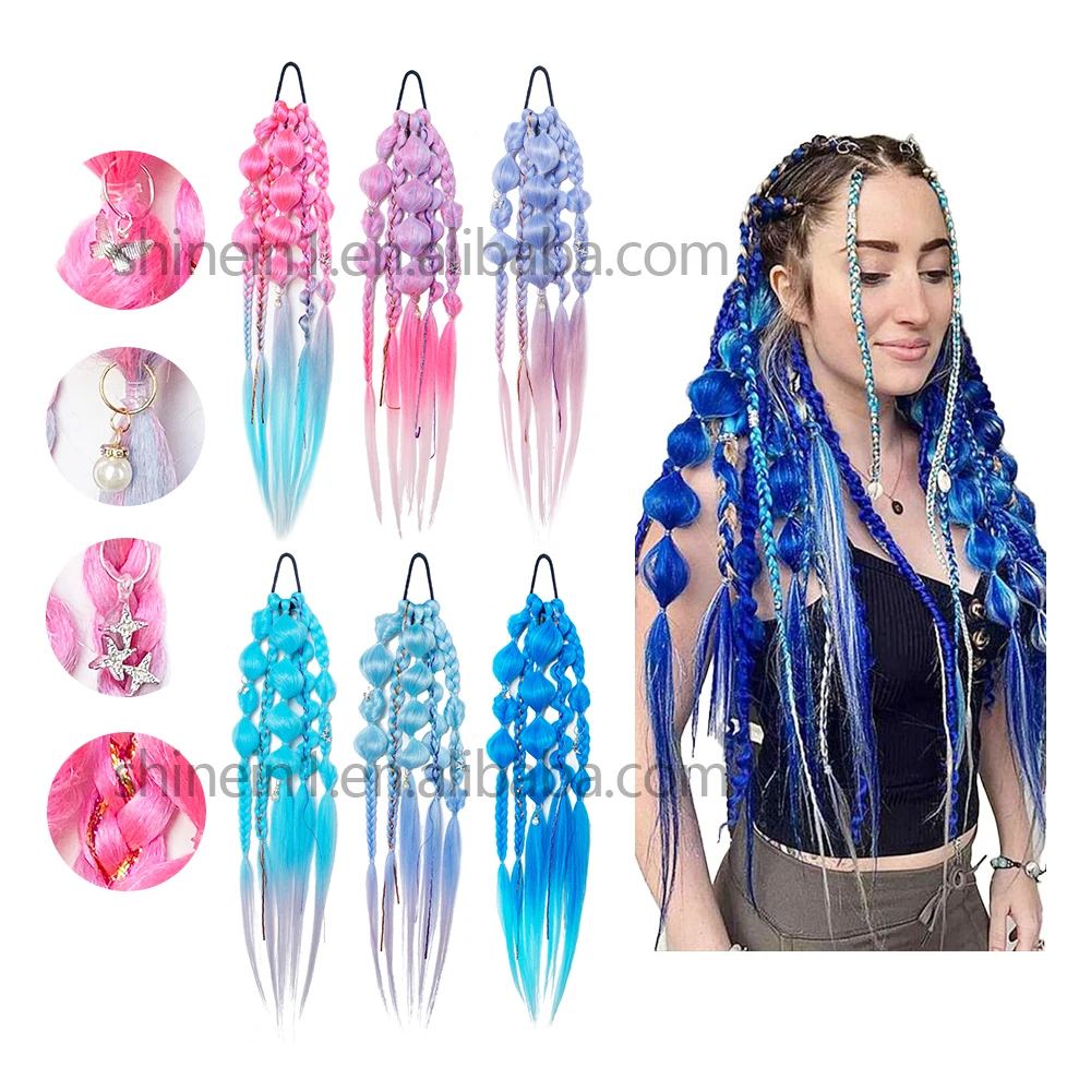Shinein Festival Colored Pre Stretched Braiding Hair Extensions Synthetic Handmade Braided Bubble Ombre Hair Pony Tail