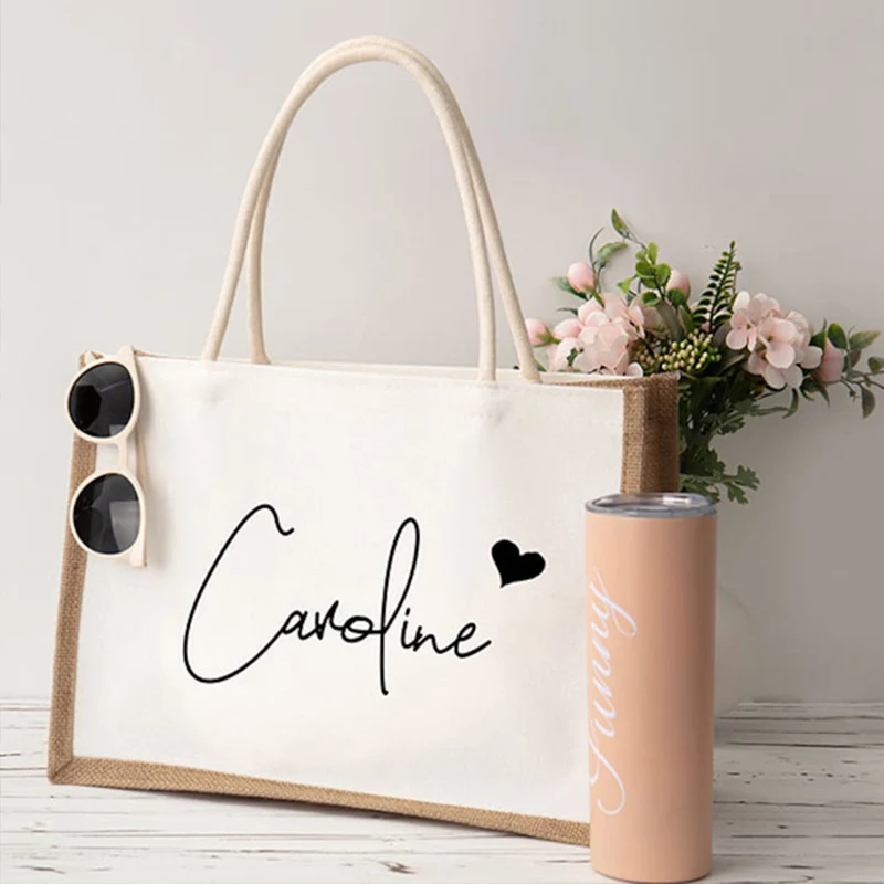 Custom Beach Burlap Tote Bags Personalized Bridesmaid Bachelorette Bridal Party Girls Trip Gifts Canvas Jute Shopping Tote Bag