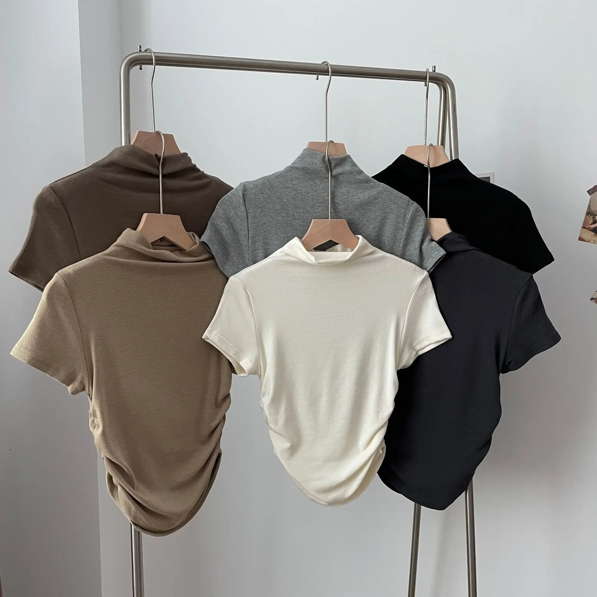 2025 New Design Summer Solid Color Tops Short Sleeve High Collar Blouse Gathers Crop Top cotton custom logo t-shirts for women