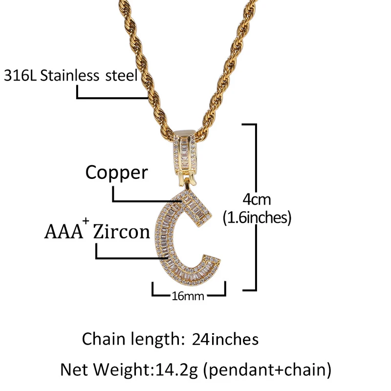 Blues RTS A-Z Custom name Iced Out Baguette zircon Initials Letters pendant necklace for Men women hip hop jewelry