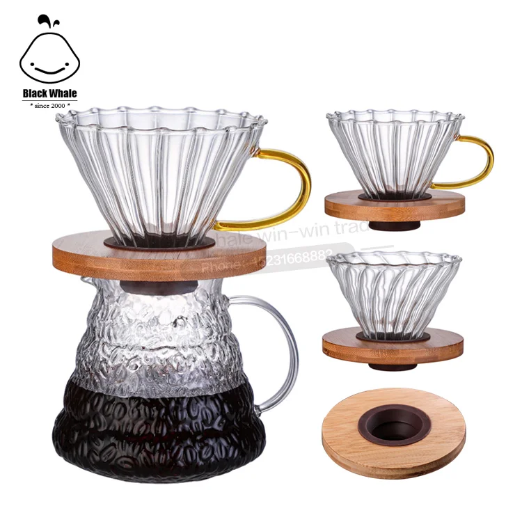 Pour Over Coffee Dripper filter screen v60 2-4 cups filter with handle glass coffee filter with wooden tray
