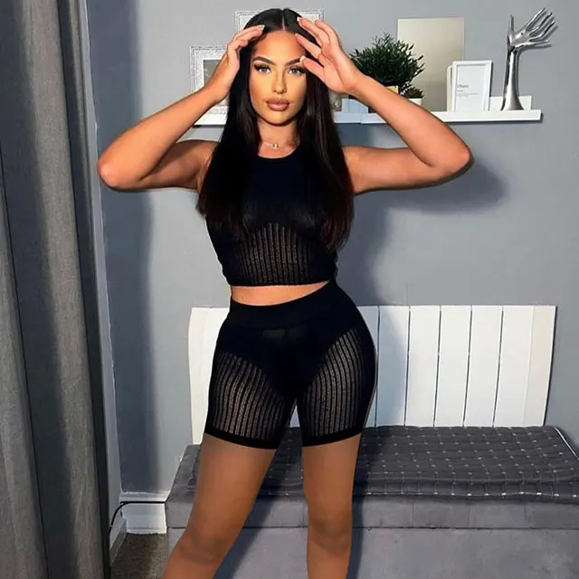 Knitted Tracksuit 2/Two Piece Set Women Tank Tops + Shorts Elastic Sporty Matching Streetwear Slim Outfit