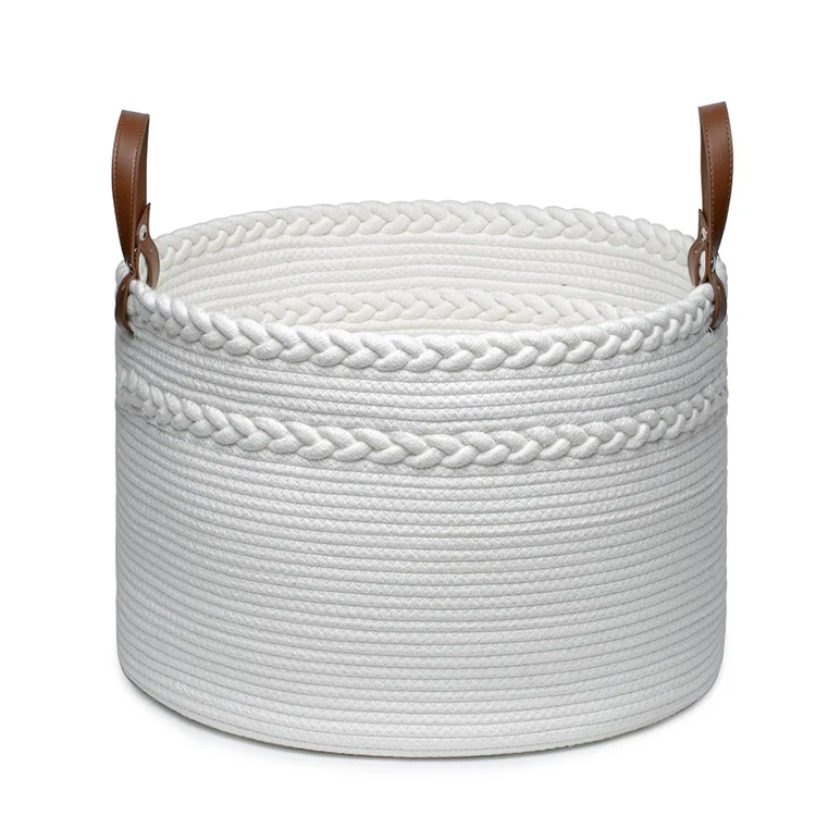 White Braid Durable  Cotton Rope Storage Basket with Dividers Leather Handle