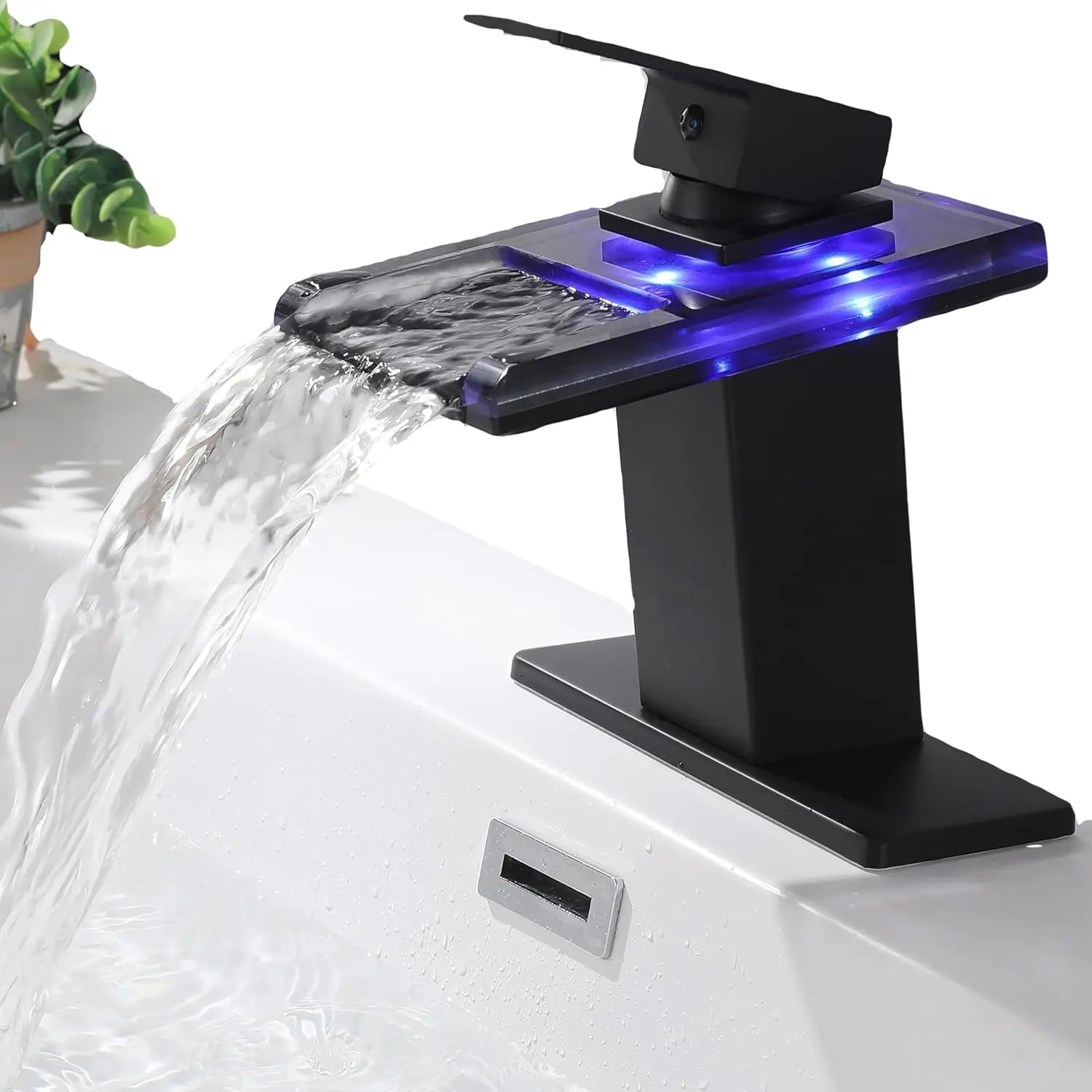 LED Waterfall Bathroom Sink Faucet 3 Colors Changing Glass Spout Faucet Single Handle Slanted Body Mixer Vanity Sink Tap
