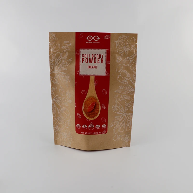 Custom Logo Printed 2 lB Stand Up Brown Kraft Paper Ziplock Pouch For Goji Berry Packaging