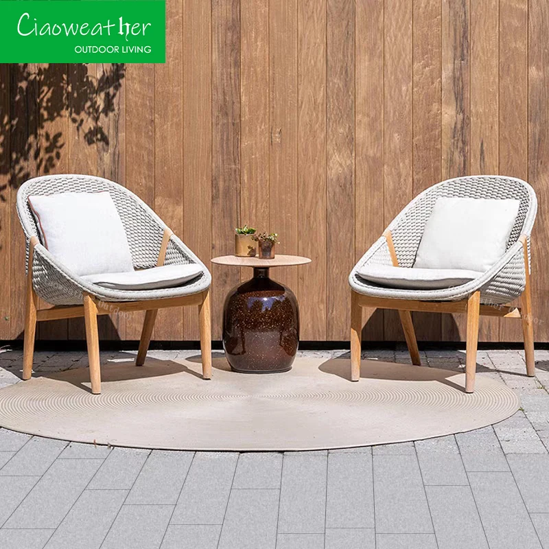 Luxury outdoor chair teak garden sofa rattan garden furniture set sofa with waterproof upholstery cushion