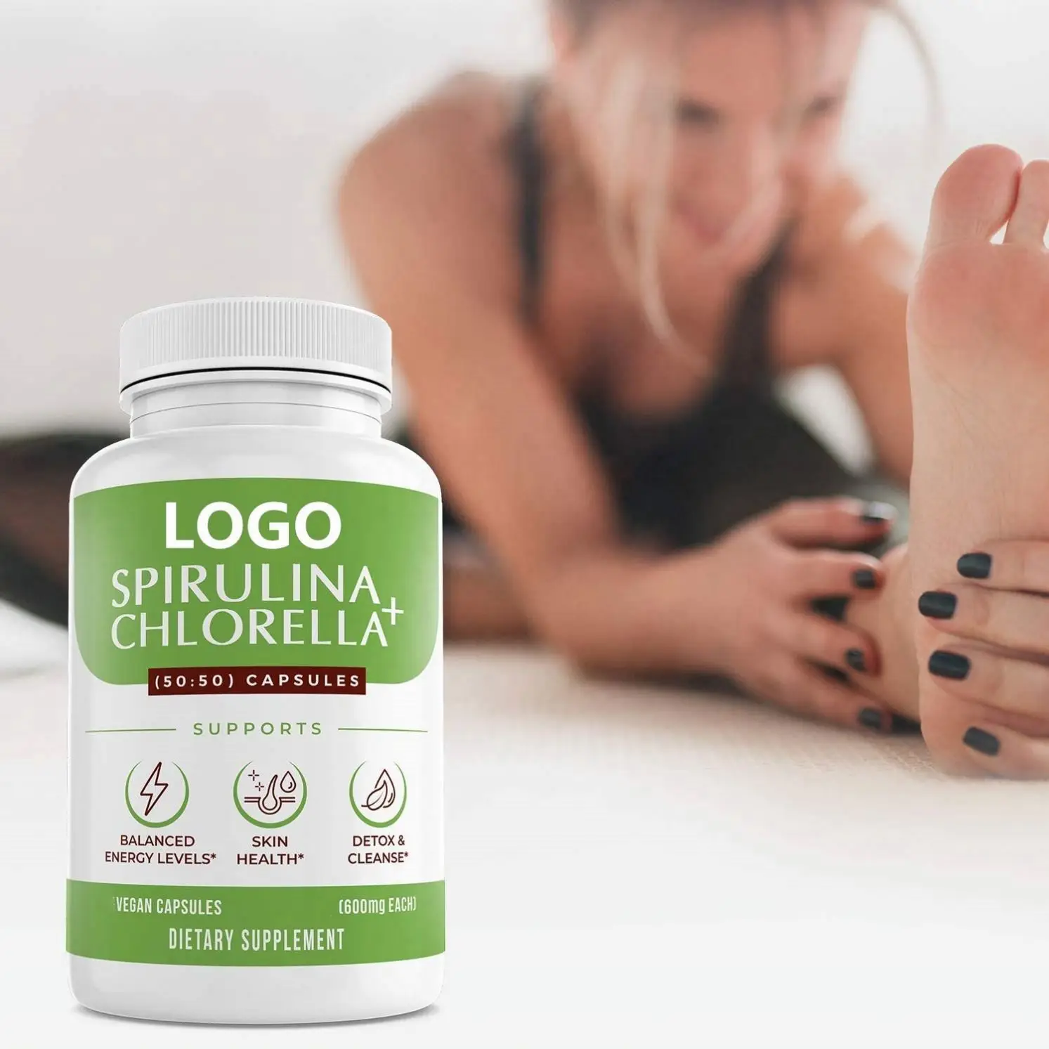 Private Label Organic Spirulina and Cracked Cell Chlorella Chlorophyll Capsules  Super Greens Powder