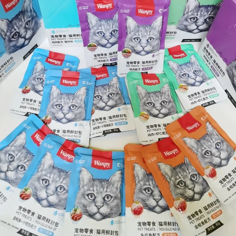 Wanpy Pet Snack Cat (Vital Nutrition) Fresh Package  7 Flavor Cat Treats Cat Food 80g