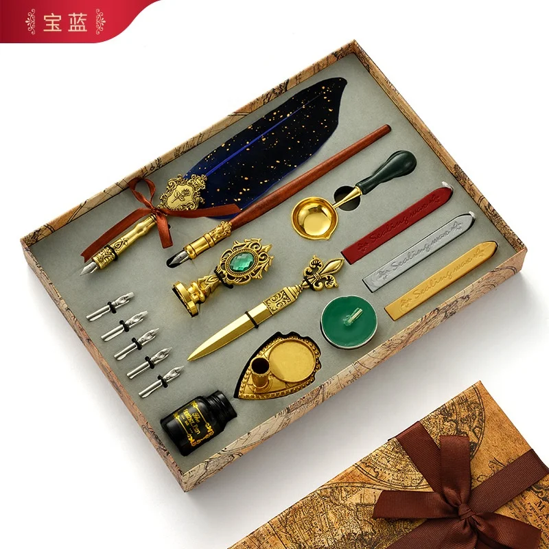 Handmade Vintage European feather dip pen set