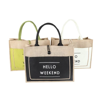 manufacturer recycle natural burlap linen shoulder tote jute bag with hello weekend