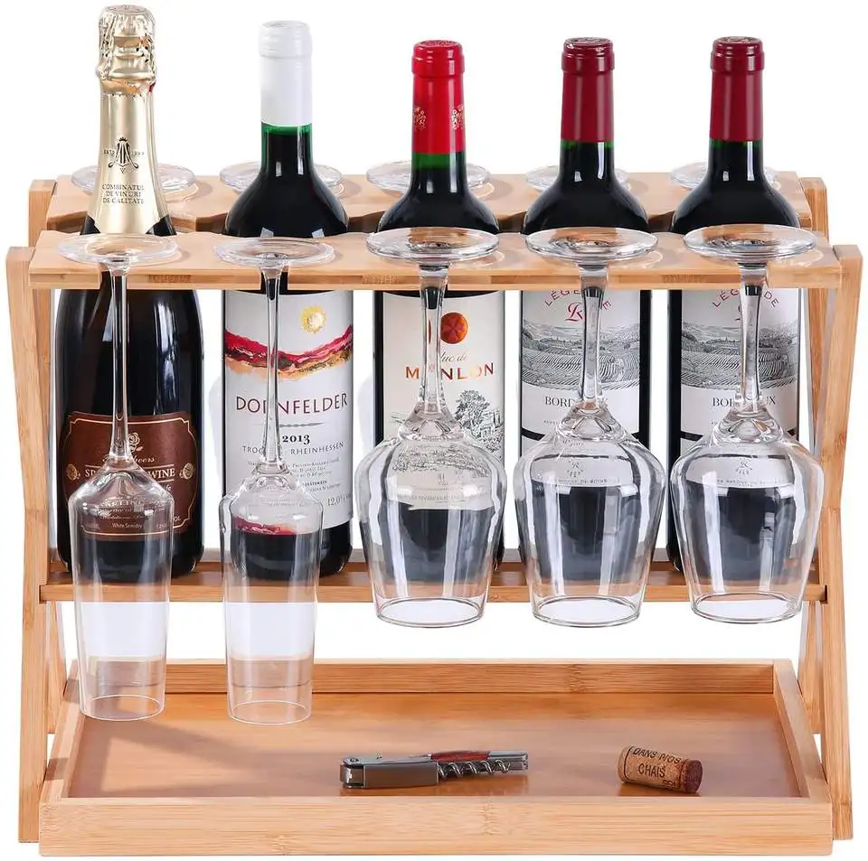 Wood Countertop Wine Racks Hold 5 Wine Bottles 10 Glasses Sturdy Bamboo Wine Bottle Glass Holder for Kitchen Bar