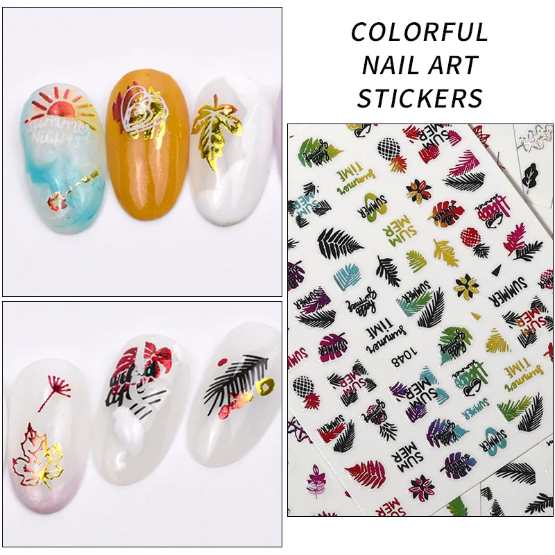 Free sample 3D Nail Art Sticker Color Autumn Leaves Nail Art Sticker Coconut Leaf Pattern Self-Adhesive Holographic Laser