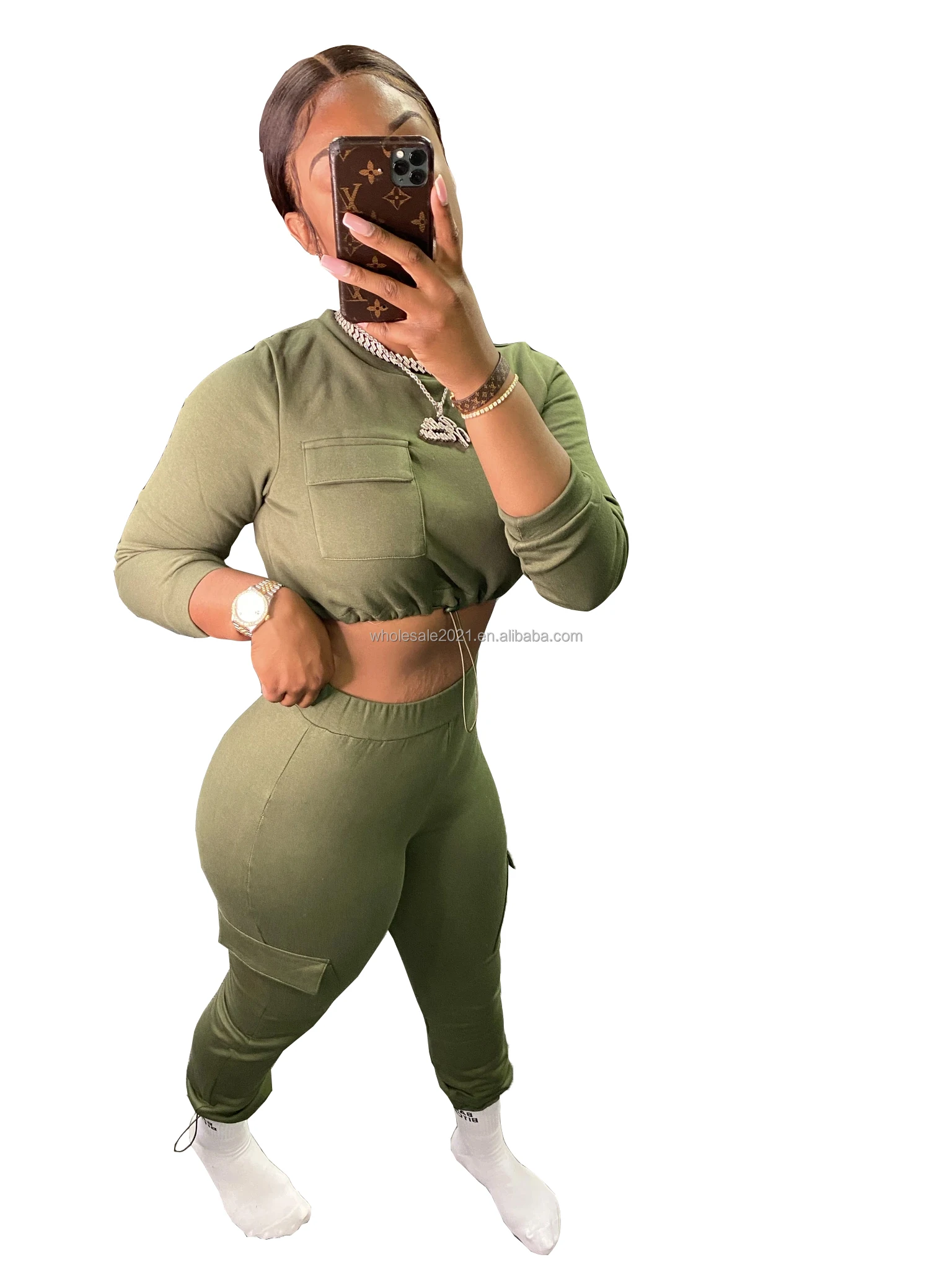 
2021 New Arrival Hot Sale Women Spring Fashion High Quality Casual Pocket Drawstring Round Collar Suit Two Piece Set Wholesale 