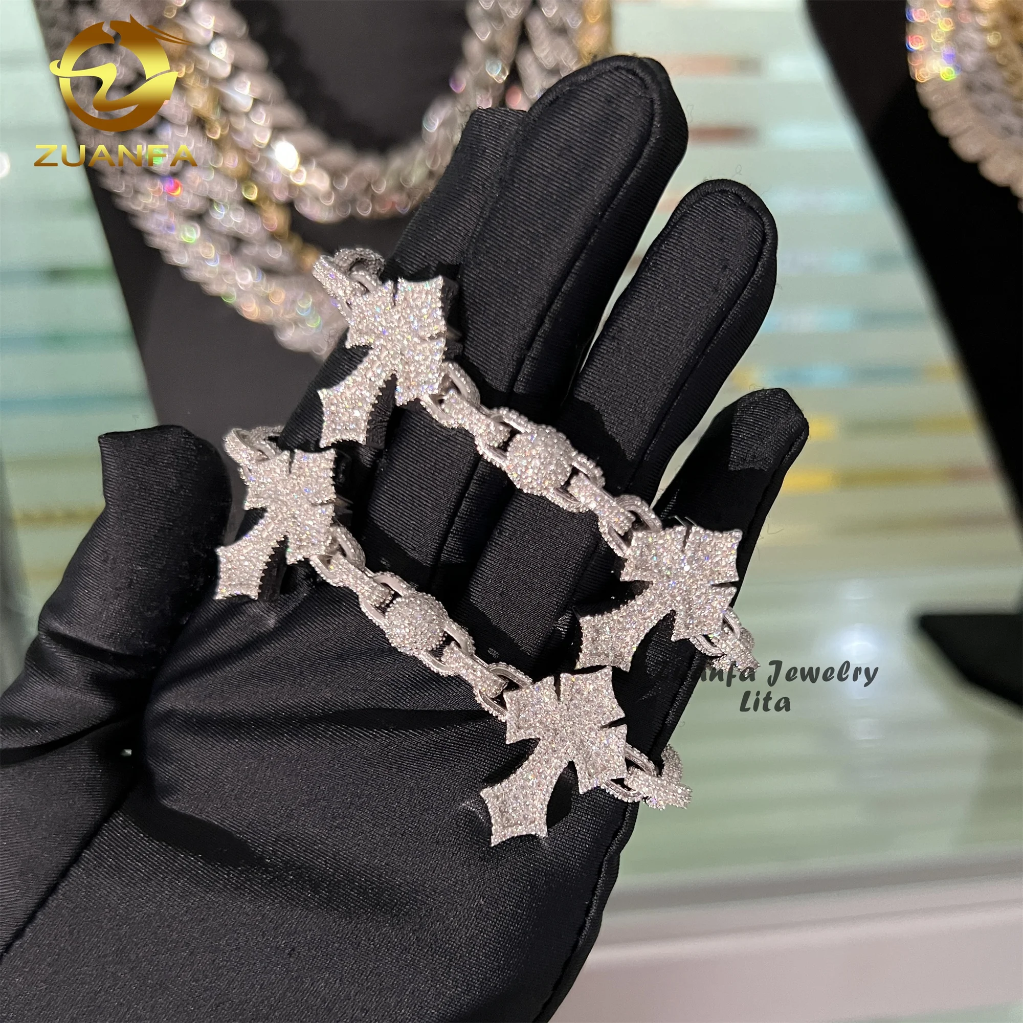 New Fashion Hip Hop Iced Out Ball Chain 925 Sterling Silver Mens Moissanite Cuban Link Cross Bead Bracelet