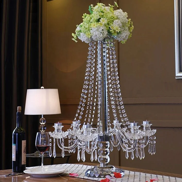 European Tall 6 Arm Crystal Clear Candelabra With Flower Bowl Wholesale for Wedding Table Decoration Centerpieces