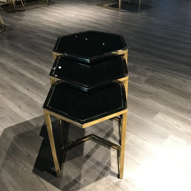 Contemporary Stackable Nesting Table Luxury Gold Stainless Steel Glass Coffee Table