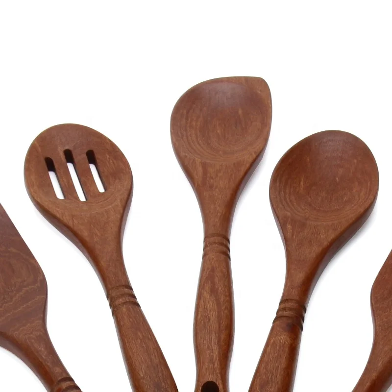Custom logo 5 pieces wood kitchen tool sapele wood cooking utensils