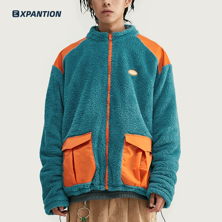 
EXP Fashion Brand Winter Streetwear Thick Men Fleece Jacket Patchwork Pocket Men Loose Outwear 